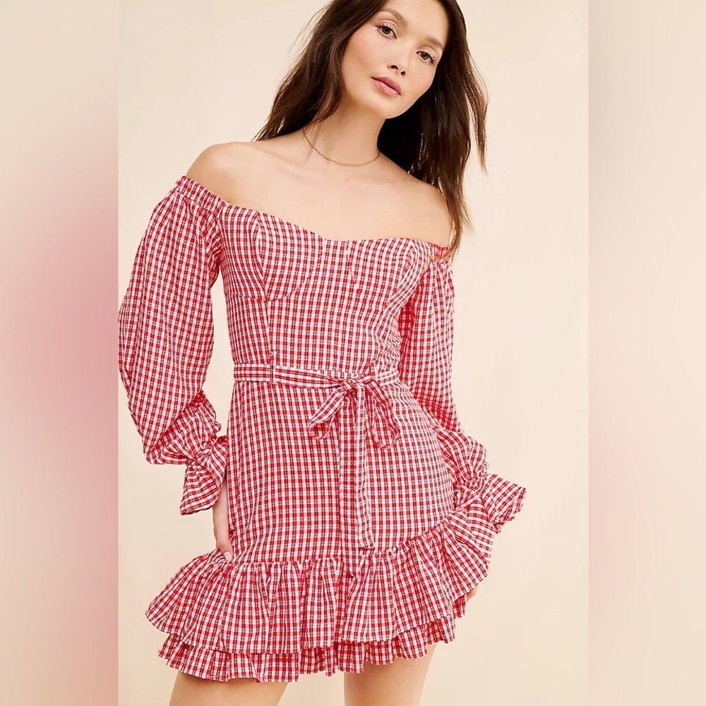 Anthro Maeve Bare Red Gingham Off Shoulder Frill Ruffled Mini Dress picnic girl
